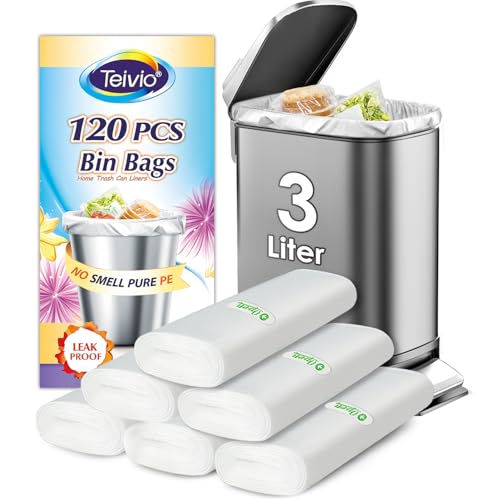 Teivio 3 Liter Small Bin Bags 120 Counts Pedal Bin Liners Thick Plastic Waste Bags for Bathroom Kitchen Office Fit 0.8-1 Gal Mini Rubbish Bin Clear