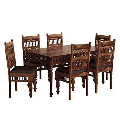 Image of Jangid Handicraft Solid Sheesham Wood Traditional Dining Table 6 Seater | Wooden Six Seater Dinning Table with 6 Chairs for Home | Chairs with Cushion | Dining Room Set for Restaurants | Natural