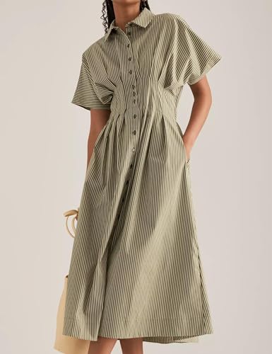 Women’s Button Front Pleated Shirt Maxi Dress Short Sleeve Collar Striped Summer Casual Long Swing Blouse Dress3
