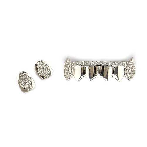 Oocc 18K Gold Plated Hip Hop Teeth Grillz Caps Iced Out Cz 2 Pc Single Top 6 Bottom Vampire Fangs Grillz With Diamonds For Your Teeth (Silvery) #TOP1