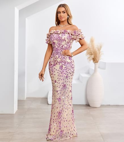 Image of dasmzper Women Sexy Sequin Off Shoulder Ruffle Short Sleeve Bodycon Mermaid Party Formal Evening Maxi Dress