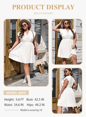Image of Eytino Plus Size Dresses for Women Summer Ruffle Cap Sleeve Lace V Neck Embroidery Eyelet A Line Dress(1X-5X)
