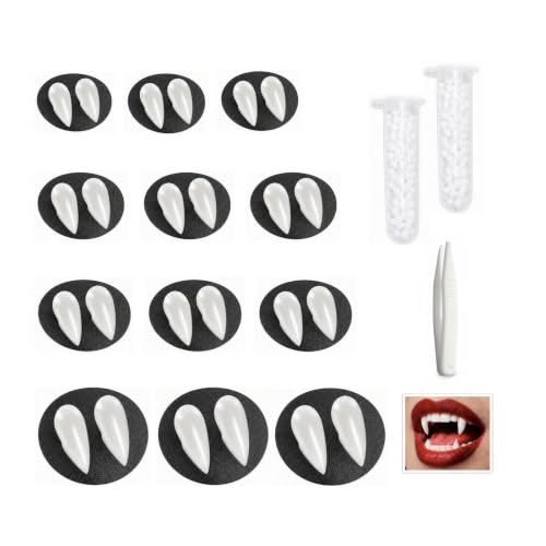 12 Pairs Halloween Vampire Teeth Fangs Fake Teeth with Adhesive Beads &Tweezers, 4 Sizes Reusable Vampire Teeth Halloween Costume Accessories Cosplay Horror Party Favors Masquerade - image 1