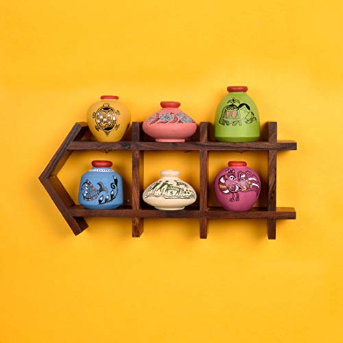 Image of AAKRITI ART CREATIONS Ladder Wall Decor 6 Colored Handcrafted Madhubani Pots | Wooden Shelves Hanging with Terracotta Vases | Matte Finish Decorative Wall Art for Living Room, Entryway & Gifting