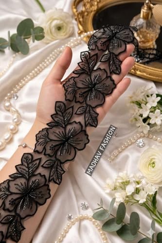 Image of Black Organza Floral Embroidered Lace Border with Sequin Work, Net Lace Trim for Saree, Blouse, Lehenga, Dress, 3 Meter