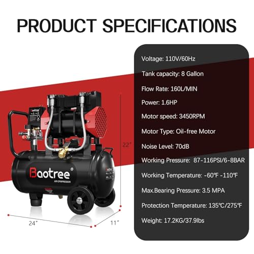 Image of 8Gal Ultra Quiet Oil-Free Air Compressor Portable, Max 115PSI 1.5HP 4.52CFM 70dB Low Noise Air Compressor for Auto Repair, Bike Tires, Garage Spray Painting 110V /60Hz