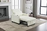 AUWHALEUS 3-in-1 Pull Out Sleeper Sofa Bed Single Sofa Chair with USB Ports, Adjustable Backrest Faux Leather Couch Sofa Bed with Side Pocket, Cup Holder and Pillow (White)