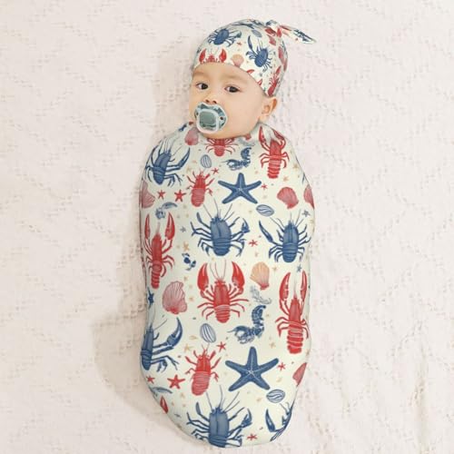 Image of Blue and Red Lobster Newborn Swaddle Blankets Hat Sets Soft Baby Receiving Blanket Swaddle Sack for Baby Shower Infant Boy Girl Gift