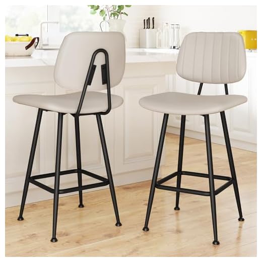 Raynesys 24-Inch Leather Bar Stools Set of 2, Counter Height Barstools with High Backrest，Bar Chairs for Kitchen Island with Heavy Duty Metal Base, Beige