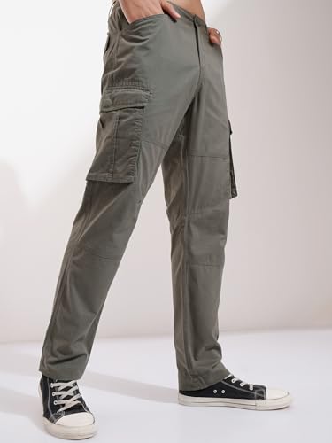 Image of Highlander Men's High-Rise Straight-Fit Cargo Trousers | Utility Pockets | Fashion & Function Blend | Carpenter Fit | Men Trousers | Trousers for Man |Cargo Pants for Men