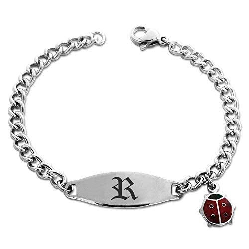 Tioneer Stainless Steel Letter R Initial Old English Monogram ID Plate Ladybug Charm Bracelet