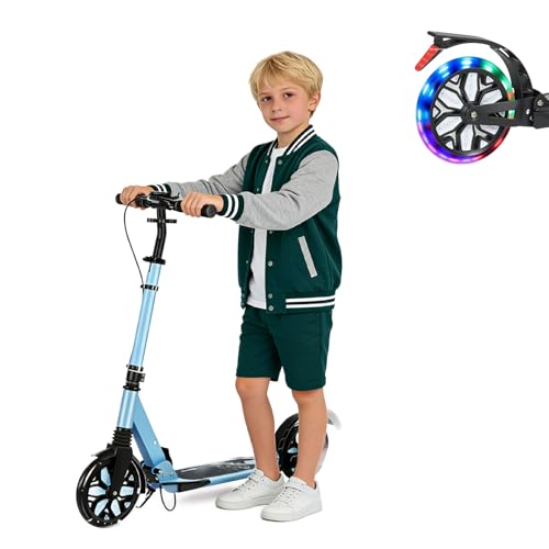 Image of Kick Scooter for Ages 13+, Teens and Adults. Led Light Up Wheels, 4 Levels Adjustable Handlebar, Dual Brakes, Anti-Slip Pedal, Foldable 8in Big Wheels for Kids (300lbs)