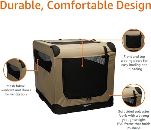 Image of Amazon Basics Portable Folding Soft Dog Crate, Double Door, Collapsible Travel Kennel, Easy to Set Up, Sturdy, Secure, XL 42 inch x 31 inch x 31 inch, Tan
