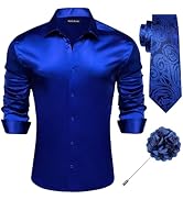 Barry.Wang Men's Long Sleeve Dress Shirt with Matching Tie and Brooch Set Classic Button Down For...