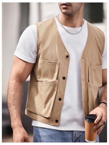 Verdusa Men's Button Up Sleeveless Utility Cargo Vest Jacket Waistcoat with Pockets3