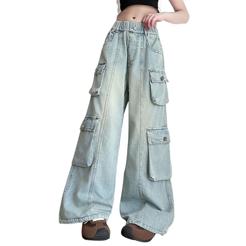 Girls Baggy Straight Cargo Jeans Wide Leg Elastic High Waist Denim Pants Teens Fall Trendy Distressed Streetwear Clothes