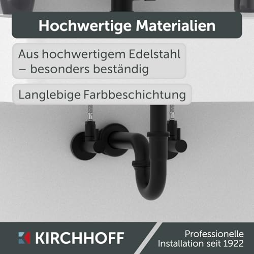 KIRCHHOFF Siphon schwarz Waschbecken, Siphon aus hochwertigem Edelstahl schwarz, Ablaufgarnitur Waschbecken schwarz, Syphon Waschbecken schwarz, Siphon mit Gummirosette und Montageanleitung, schwarz