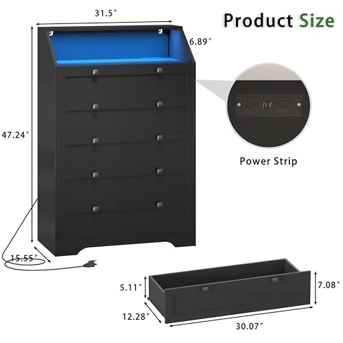 Image of Black Dresser Tall 5 Drawer Dresser for Bedroom, Wood Chest of Drawers with LED Lights, Charging Station, Metal Handles, Modern Storage Cabinet and Organizer Drawers for Living Room, Hallway