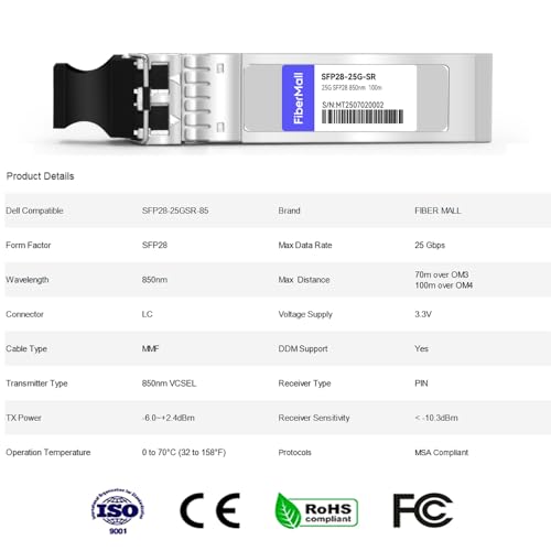 Image of 25G SFP28 SFP+ SR Optical Transceiver Module,Compatible with Dell SFP28-25G-SR Dell Force10 407-BBWK,10 /25GBASE-SR SFP28 850nm 100m DOM LC MMF 4Pack
