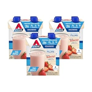 Atkins Strawberry Protein Shake, 15g Protein, Low Glycemic, 2g Net Carb, 1g Sugar, Keto Friendly, 12 Count
