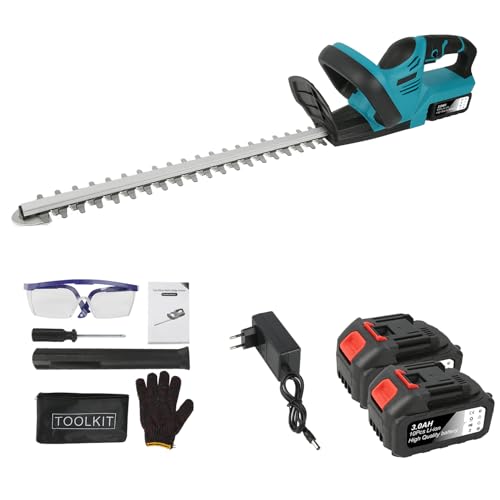 Cortasetos Bateria 21V, Corta Setos Jardin Electrico, Cortasetos Electrico con Baterías de 3,0Ah, Longitud de Hoja 52CM, Distancia Entre Hoja 1,5CM, Apto para Podar Arbustos y Césped (con 2 Batería)