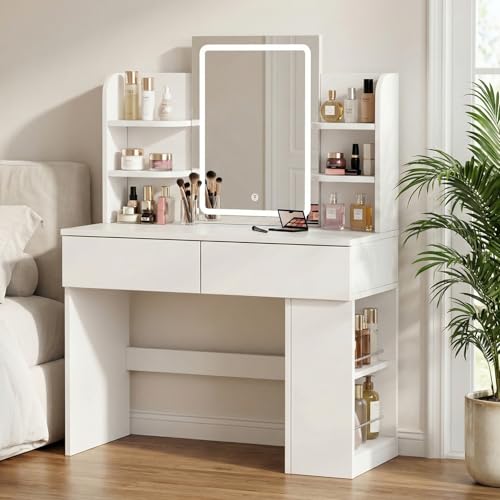 Mesa de maquillaje con espejo LED JUMMICO para organizar cosméticos en el dormitorio blanco 4