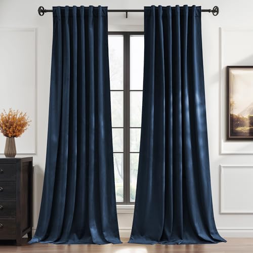 Image of StangH Navy Blue Velvet Curtains 90 Inches Long for Master Bedroom, Midnight Blue Room Darkening Drapes, Thermal Insulated Privacy Panels for Office with Back Tab & Hook Belt, W52 x L90, 2 Panels