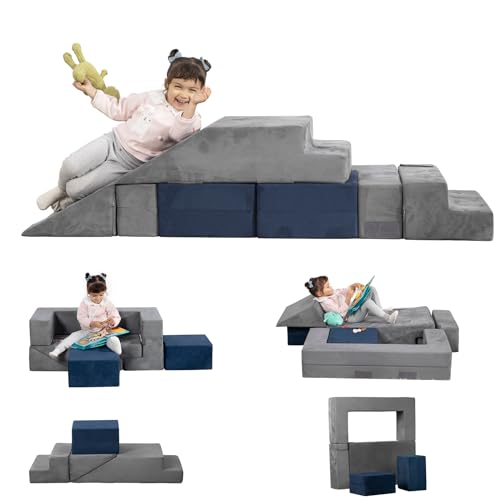 Modular Kids Play Couch, Soft Play Climbing Blocks Convertible Toddlers Sofa and Indoor Playset Foldable Floor Cushion with 2 Ottomans for Playroom Bedroom