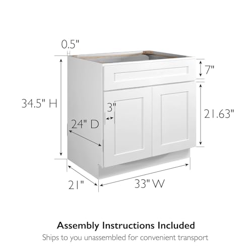 Image of Design House Brookings Shaker Unassembled Sink Base Kitchen Cabinet SB33, 33 W x 24 D x 34.5 H, Painted White with Sherwin Williams, Solid Wood, 561480