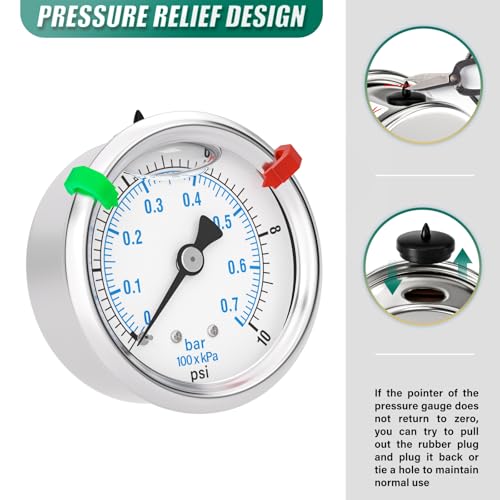 Image of 0-10PSI Stainless Steel Liquid Filled Pressure Gauge, 2.5 inch Dial Size, 1 /4 inch NPT Back Mount, for Tube, Water Pump, Gas, Liquid, Pressure Test (with Range Mark Pointer)