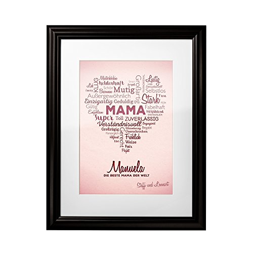 Kunstdruck Wortherz – Personalisiert mit Namen – Die Beste Mama der Welt – Wandbild im dunklen Bilderrahmen – Muttertagsgeschenk –