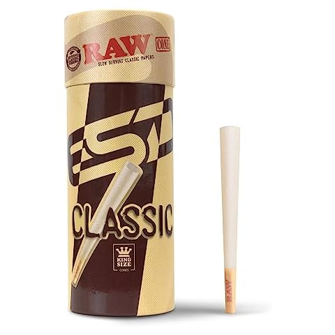 RAW Cones Classic King Size - 50 Pack - Slow Burning Pre Rolled Cones made of Paper with Tips & Packing Tubes Included Cover