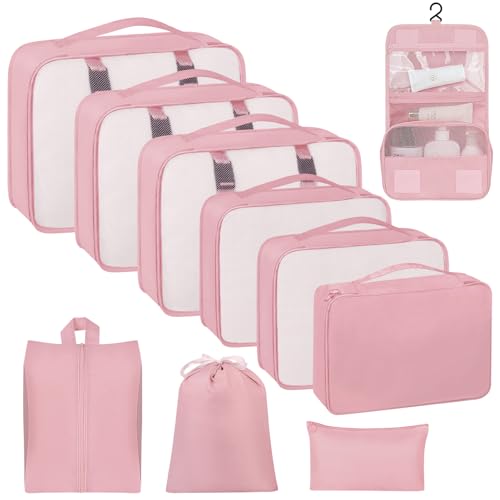 10 Set Packing Cubes for Travel, Travel Packing Cubes with Hanging Toiletry Bag and Shoe Bag, Suitcase Luggage Organizer Bags for Travel Essentials Women Men