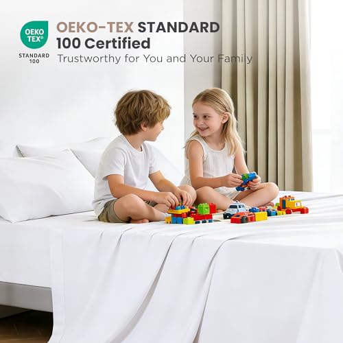 Image of Sophia & William 100% Cotton Sateen Sheet Set King Size White - 4 Piece Set | 1000 Thread Count Ultra-Soft 4 Piece Bedding, Extra Deep 16 inch Pocket Fitted Sheet Fits Most Mattresses, OEKO-TEX 100 Certified