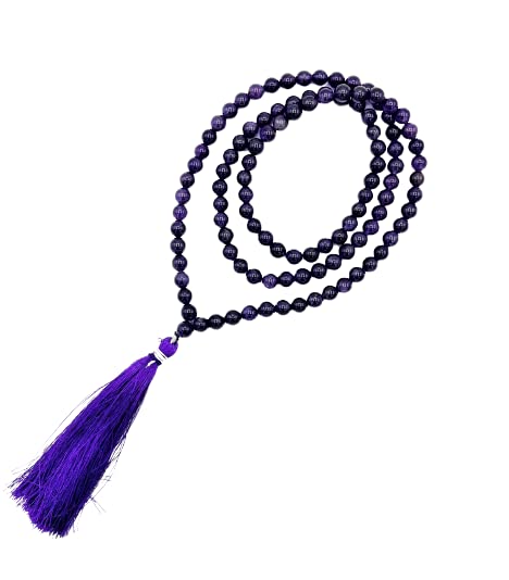 Image of Dark Purple Violet Amethyst Mala Natural Crystal Gemstone 8mm 108 Beads Jap Mala for Meditation, Pooja, Chanting, Wearing (8mm, Amethyst)