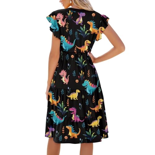 Image of Womens Summer Dress Ruffle Sleeve V Neck Dress Casual Fit Flowy Beach Vacation Sundress with Pocket S-2XL