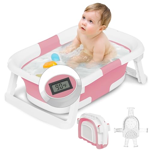Image of napei Collapsible Baby Bathtub,Baby Bath Tub with Soft Cushion & Thermometer,Baby Bathtub Newborn to Toddler 0-36 Months,Portable Travel Baby Tub