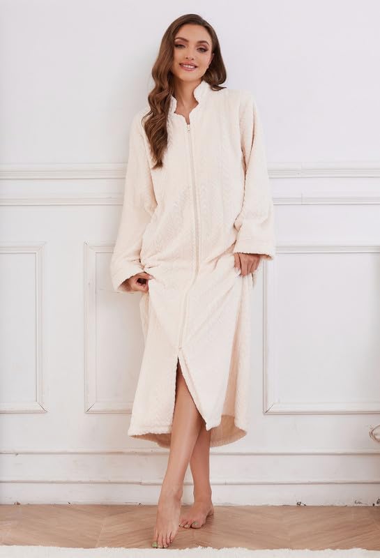 Image of LYCY Women Plush Zipper Robe, Long Fleece House Coat Nightgown with Pockets Solid Bathrobe