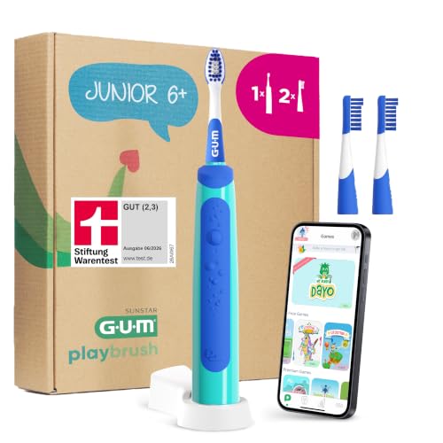 GUM Playbrush JUNIOR 6+ elektrische Zahnbürste | Interaktive Spiel-App | Extra weiche Borsten | 8 Wochen Akku | Stiftung Warentest | 1x Schallzahnbürste wiederaufladbar | 2 extra Bürstenköpfe | Blau