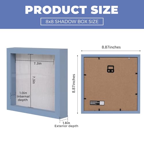 Image of Muzilife 8x8 Shadow Box Picture Frame with Linen Board - Deep Wood & Glass Display Case Ready to Hang Memory Box Baby Sports Memorabilia, Pins, Medals, Wedding, Tickets and Photos, Blue