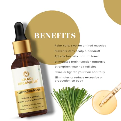Image of Khadi Organique Lemongrass Essential Oil for Skin, Hair & Body | Pure & Natural Aromatherapy Oil for Acne, Pimples, Stress & Muscle Pain Relief | Refreshing & Moisturizing Massage Oil - 15 ml