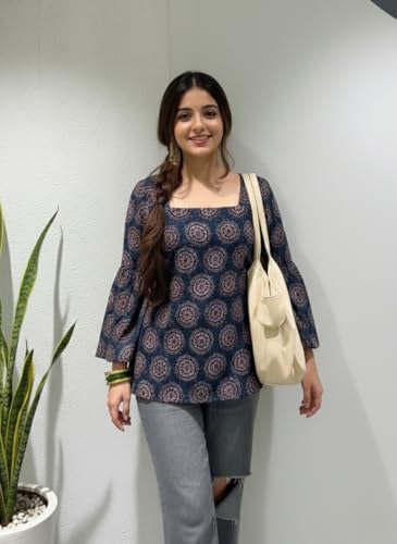 Image of ANNI Designer Women's Viscose Blend Printed Short Kurti | Straight Fit Casual Ethnic Top | Square Neck Full Sleeve Kurta Office College