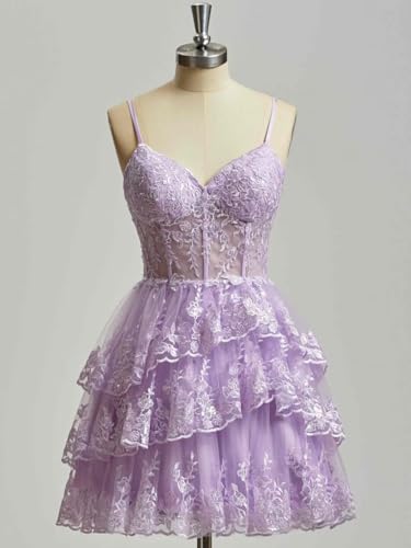 Women's Sparkly Tulle Tiered Homecoming Dresses 2025 Spaghetti Straps Corset Short Lace Cocktail Gowns2