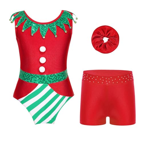 Miutii Maillot de gimnasia para niña, con pantalones cortos, cinta para el pelo, para gimnasia, leotardo, traje de Navidad, disfraz de danza, rojo, 110-116