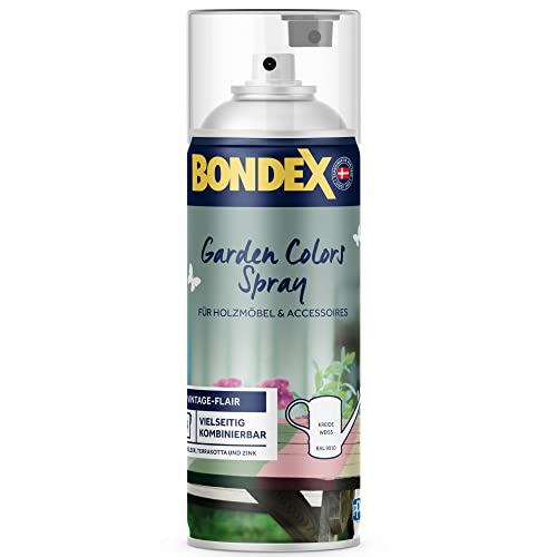 Bondex Garden Colors Spray Kreide Weiss (RAL 9010) 0,4 L für 4 m² | Vintage-Flair für Möbel & Accessoires | Schütteln & Sprühen | Seidenmatt | Sprayfarbe
