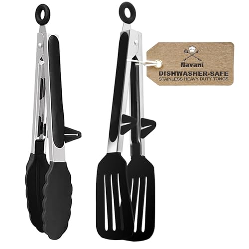 Navani silicone kitchen tongs, 9 inch, set of 2, for cooking & air fryer, black 2-pack