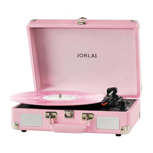 JORLAI Pink Vinyl Record Player 3 Speeds Portable Suitcase Turntable with Built-in Dual Speakers,...