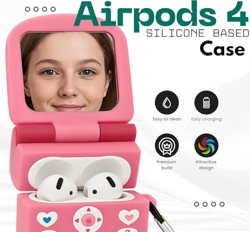 Image of Emoh Roced Case for AirPodS 4 (2024) with Keychain (ANC), Cute Cartoon Shockproof Protective Cover Compatible with Apple AirPods 4th Generation 2024 for Women and Boys (Mirror)
