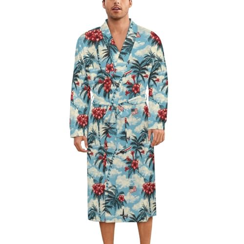 Palm Trees Hibiscus U.S. Flag Soft Robe Long Sleeve Bathrobes V Neck Sleepwear Spa Robes with Belt Men Woman