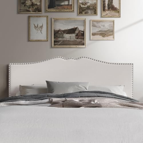 Castle Place Queen Scalloped Linen Upholstered Headboard with Nailhead Trim, Warm Grey